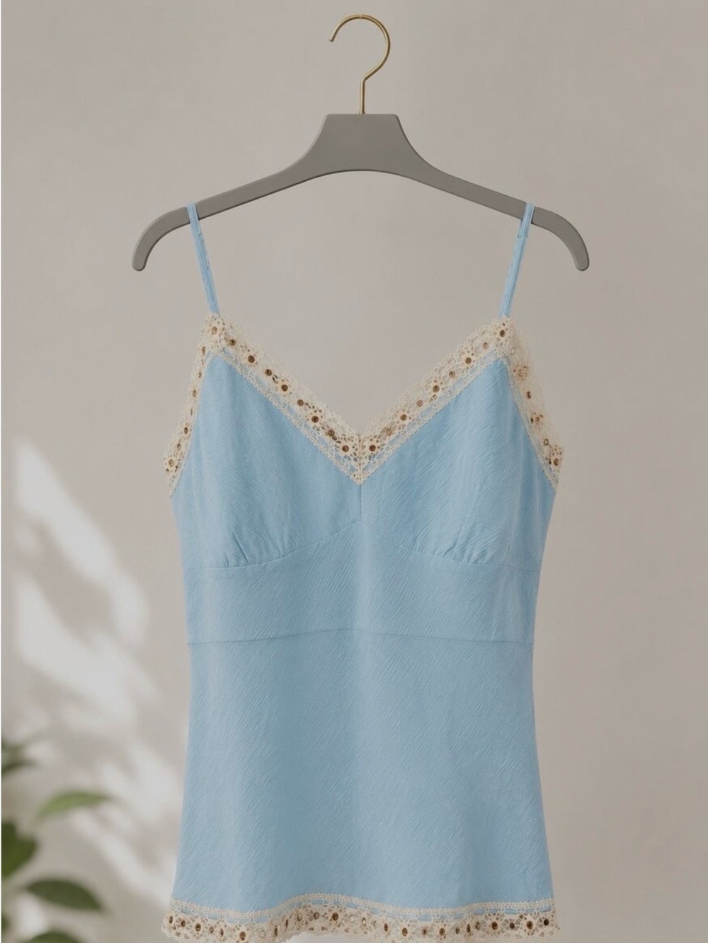 Gold Hawk Delicate 100% silk Lace-Trim Cami Top - Light Blue
